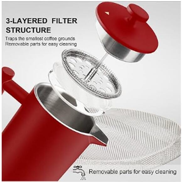 Stainless Steel French Press Coffee Maker, Double-Wall Coffee Press- 34oz, Red - Picture 3 of 6